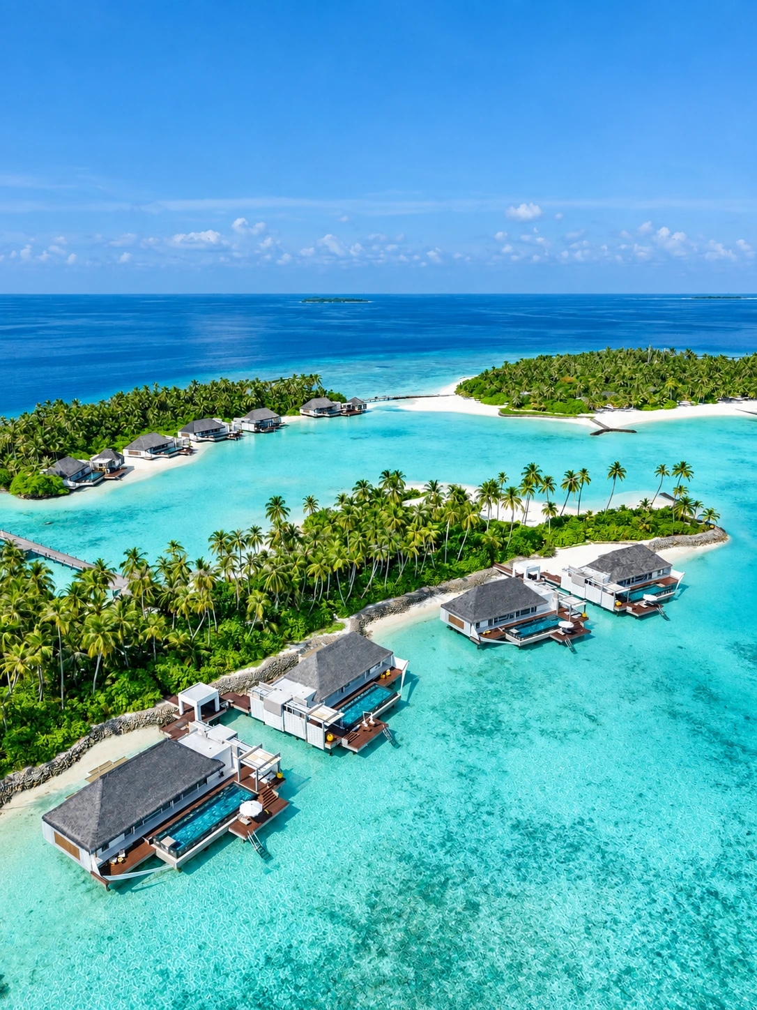 Aerial view of villas along the lagoon at Cheval Blanc Randheli