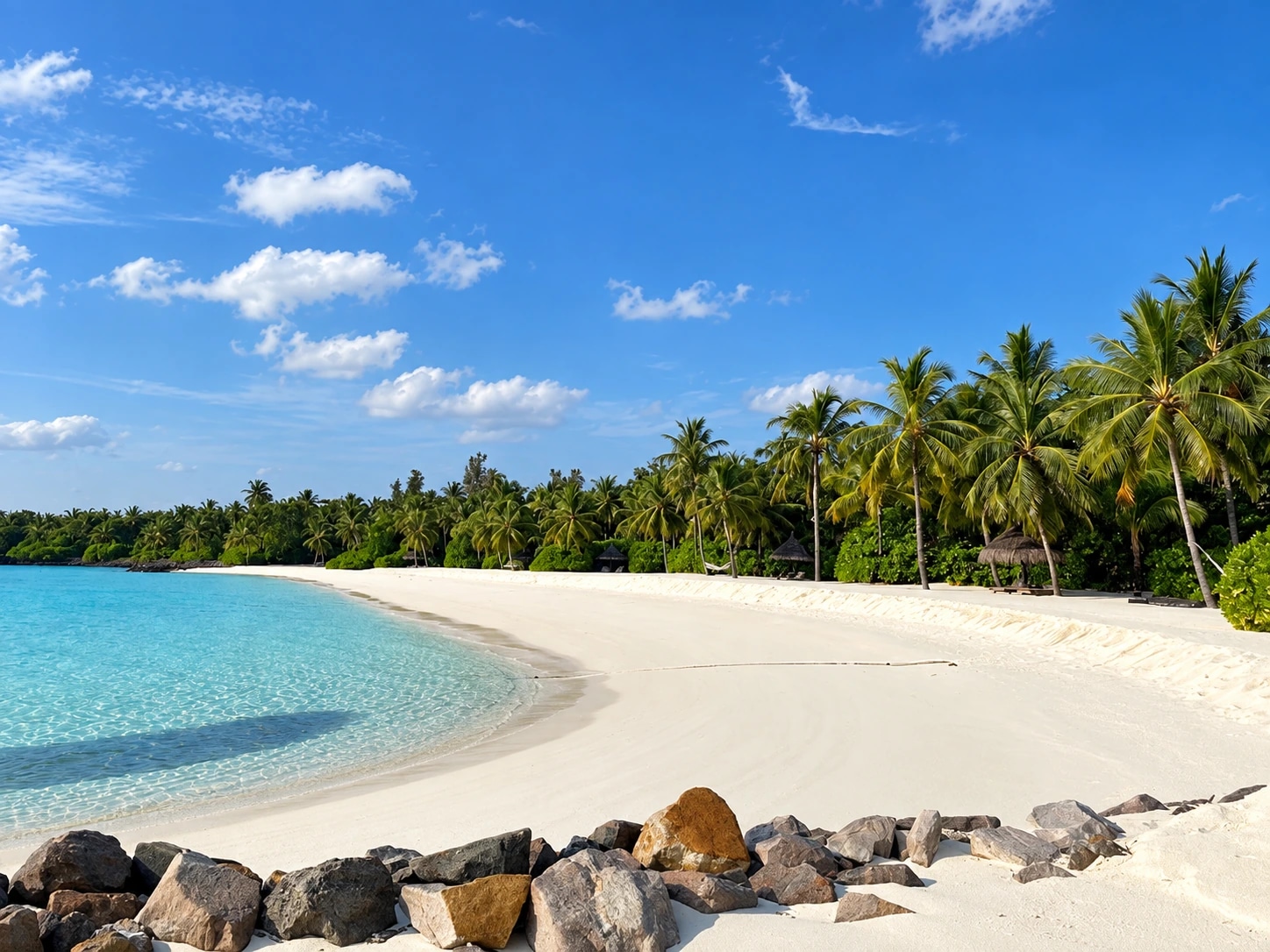 Playa de arena blanca bordeada de palmeras en One&Only Reethi Rah