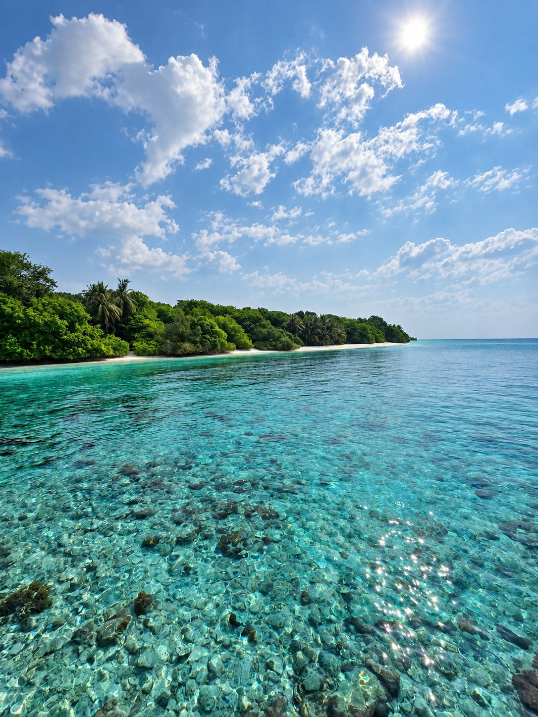 Eaux limpides du lagon et végétation de Soneva Fushi