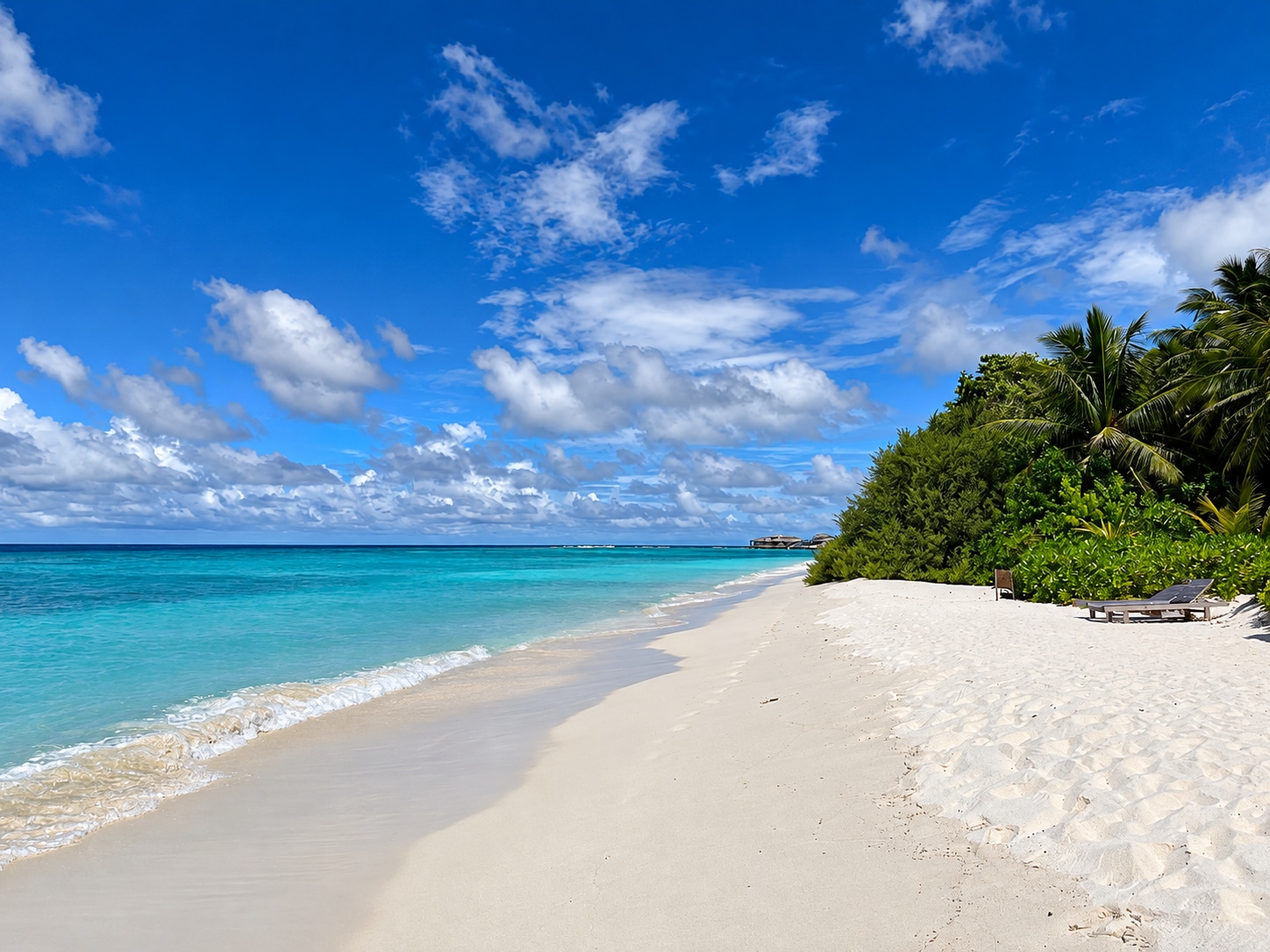 Plage de sable blanc, lagon turquoise et palmiers à Soneva Fushi
