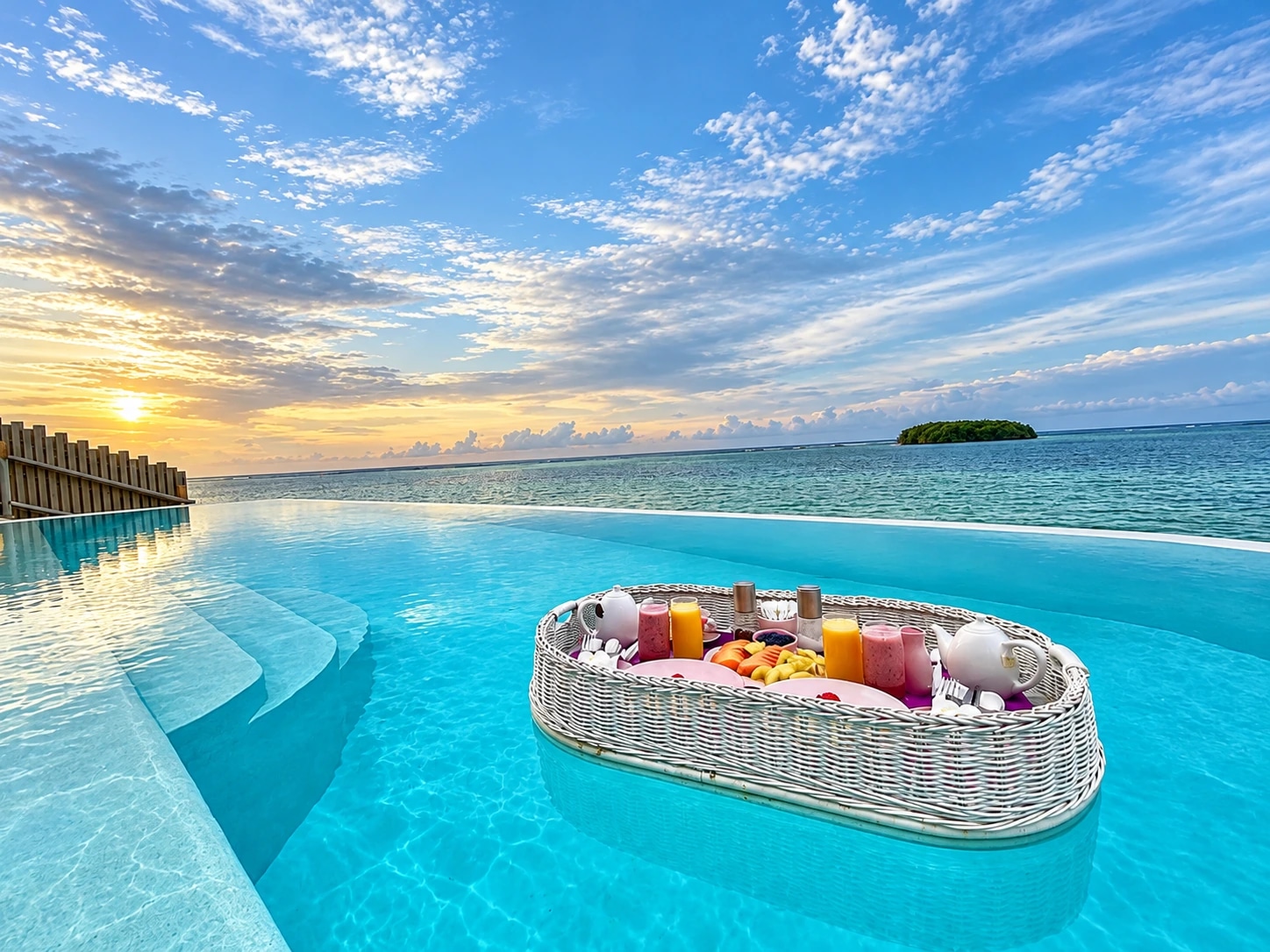 Petit-déjeuner flottant dans une piscine face à l’océan à Soneva Jani