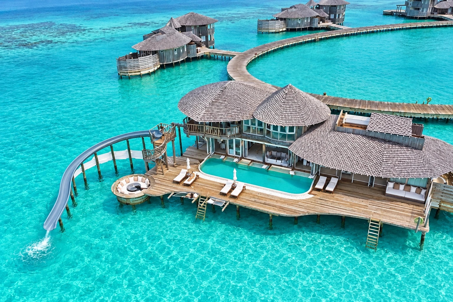 Vue aérienne d’une villa de Soneva Jani avec piscine et toboggan dans le lagon turquoise