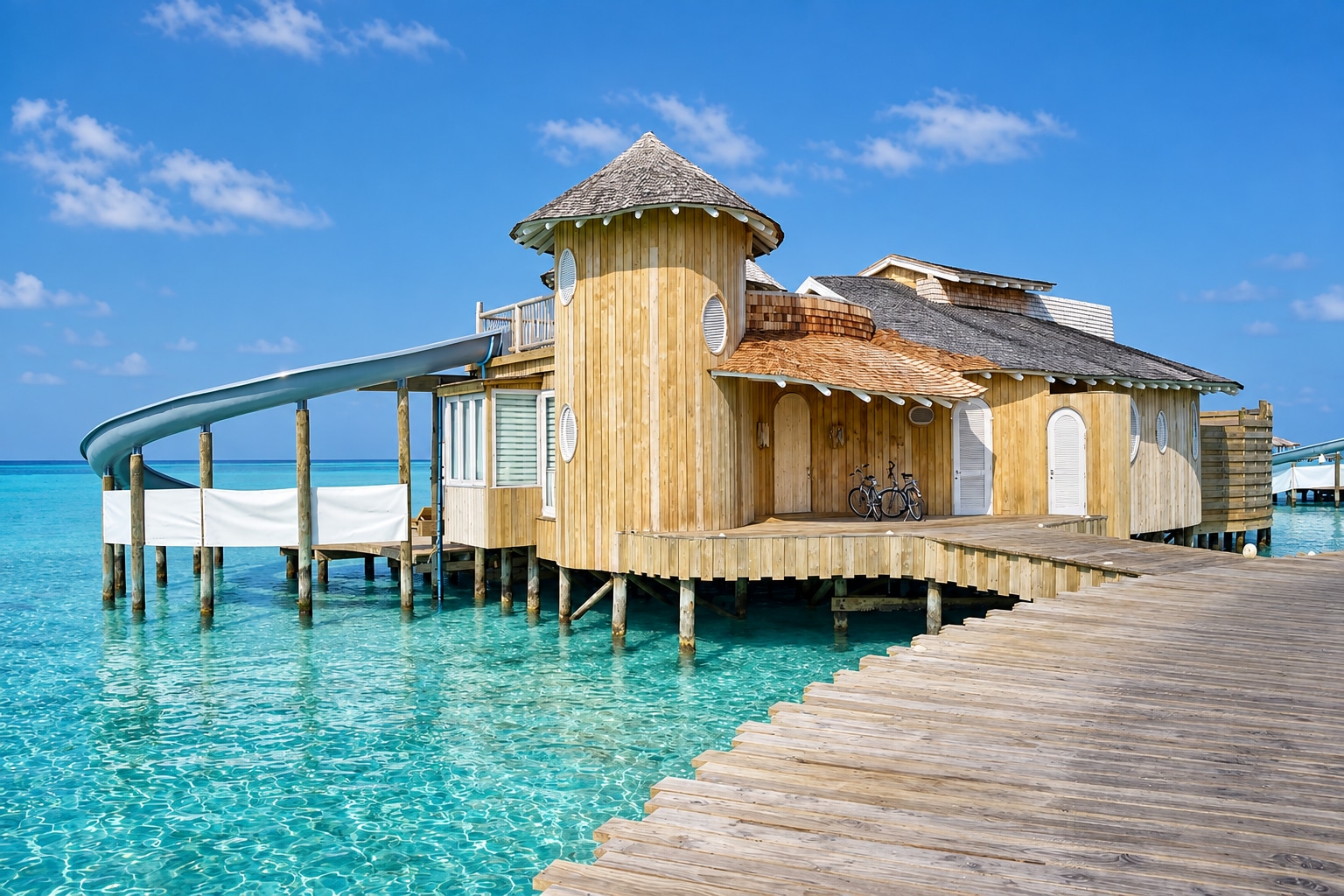 Villa sur pilotis, toboggan et passerelle au-dessus du lagon de Soneva Jani