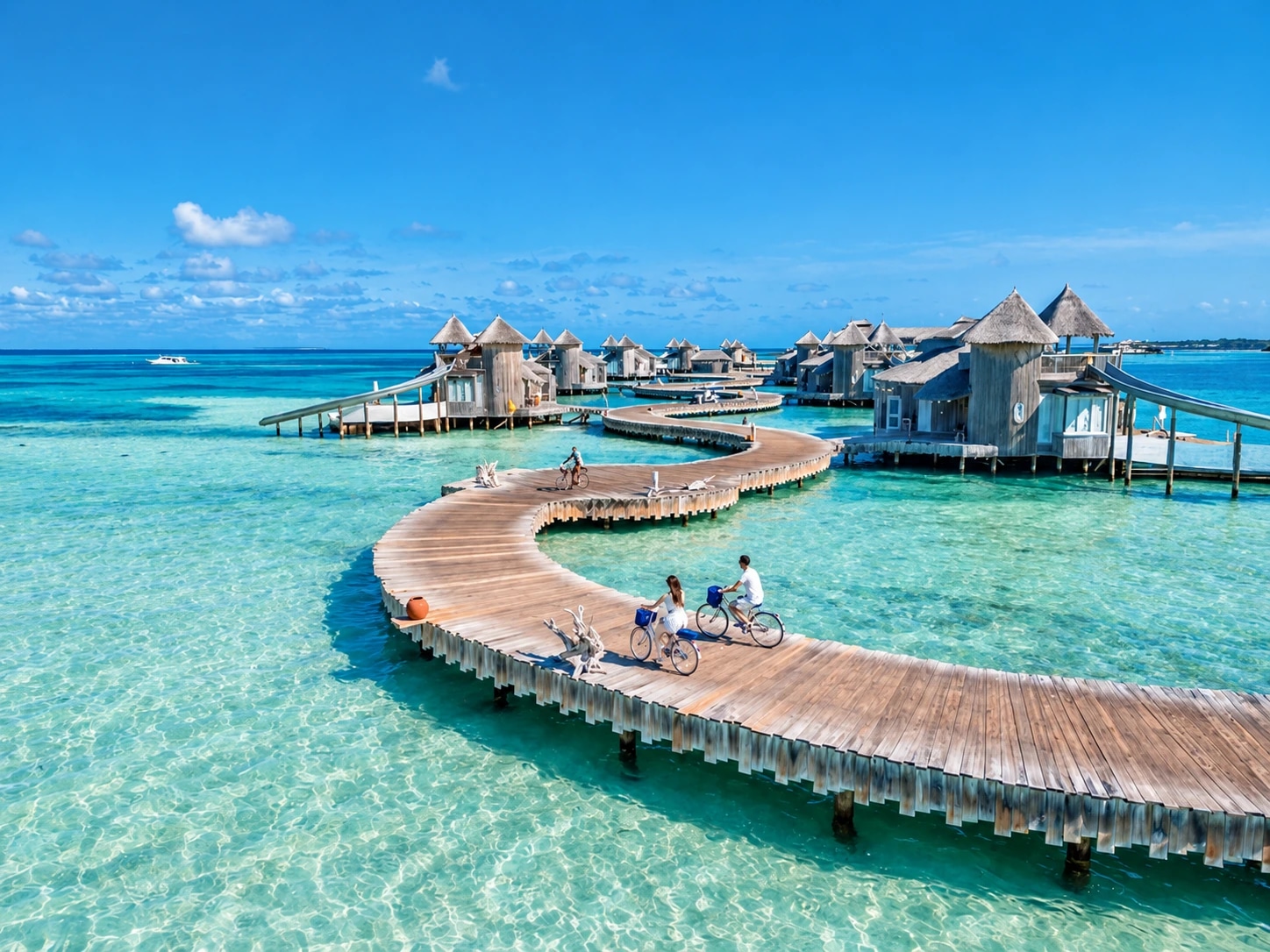 Passerelle sinueuse et villas au-dessus du lagon turquoise de Soneva Jani