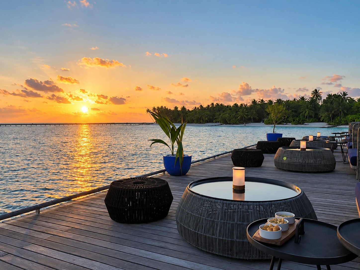 Terrasse au bord du lagon au coucher du soleil à Velaa Private Island