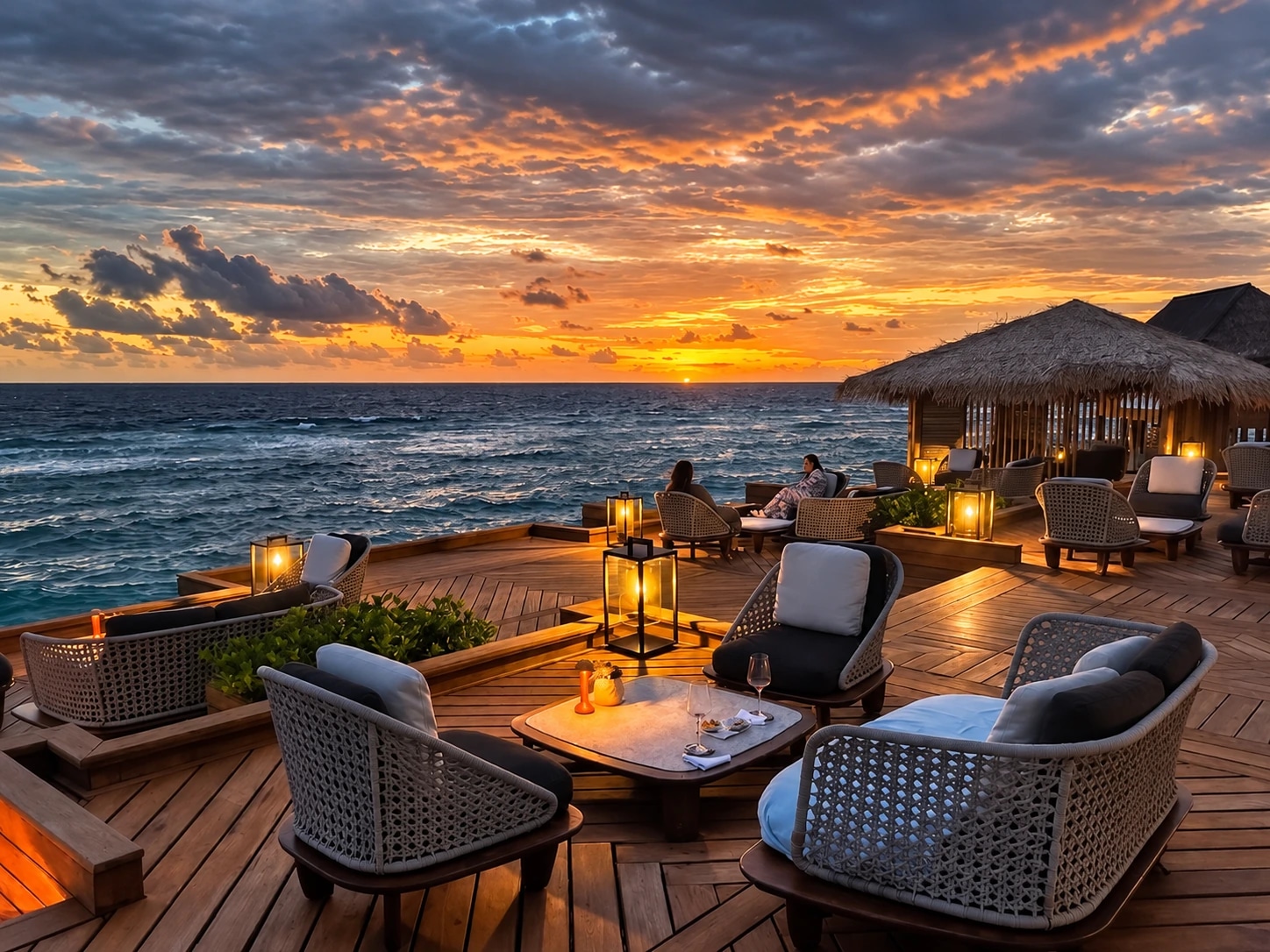 Salon en terrasse face à l’océan au coucher du soleil au Waldorf Astoria Maldives Ithaafushi