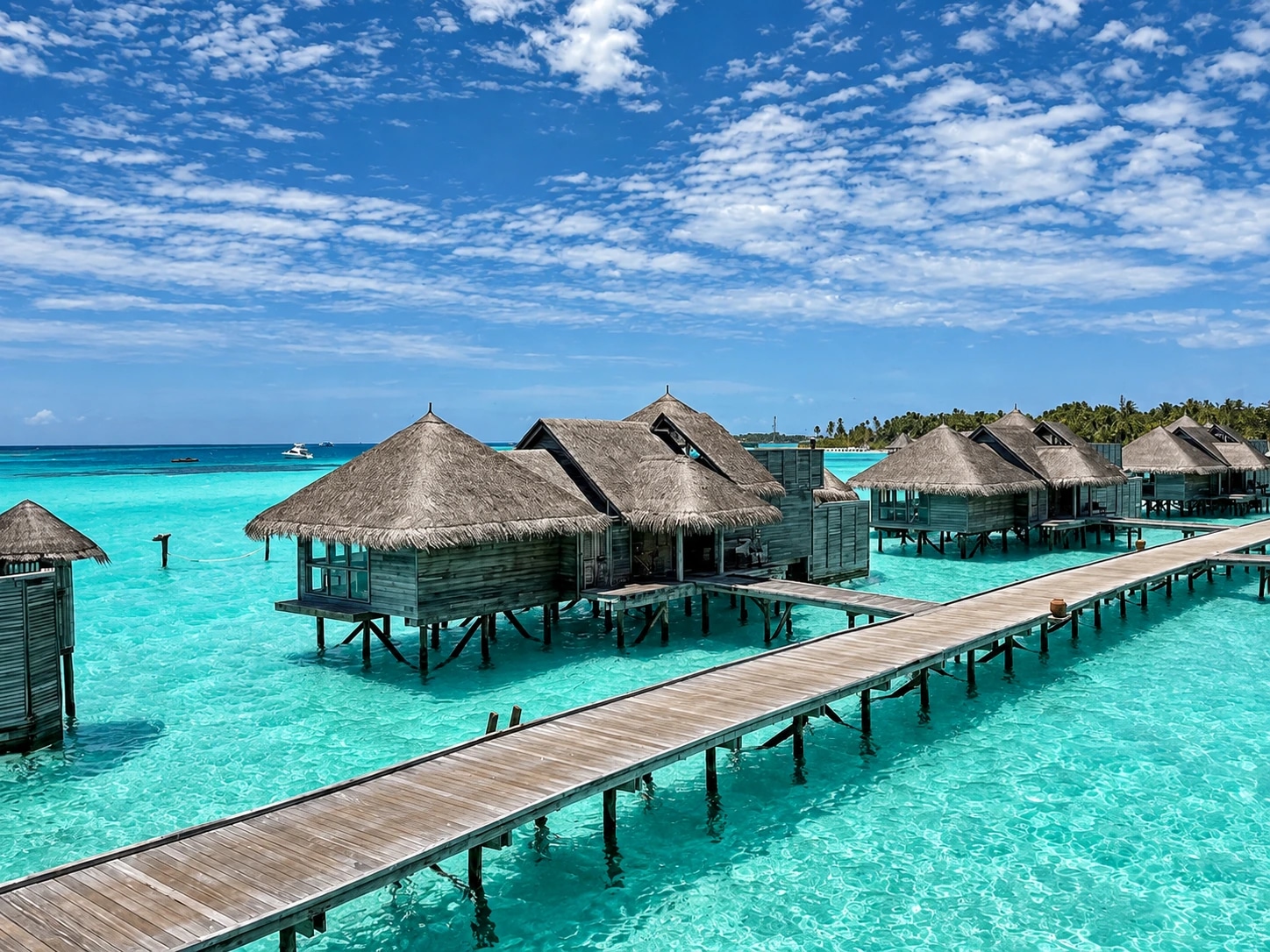 Passerelle en bois et villas sur le lagon aux Maldives
