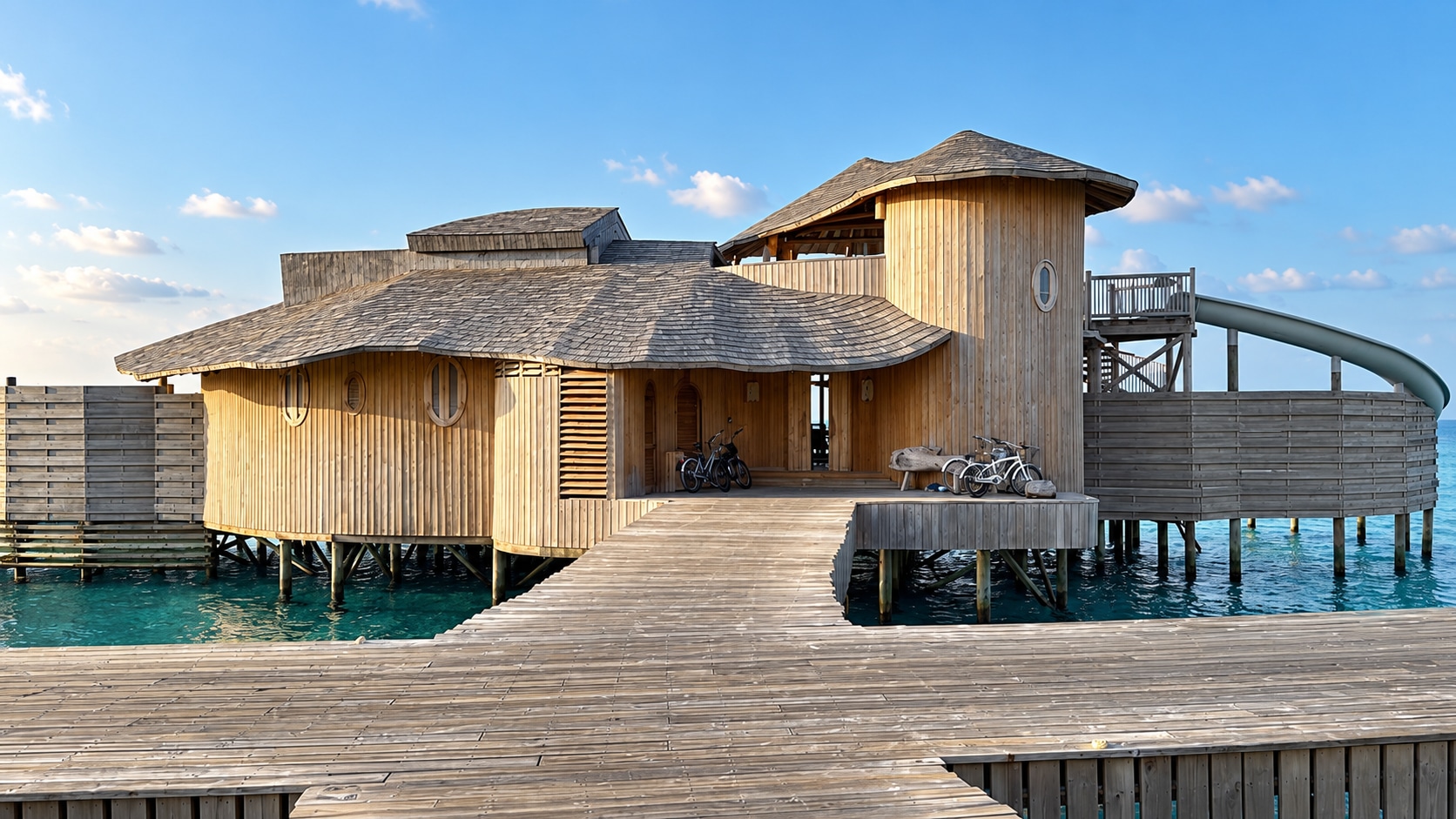 Villa sur pilotis et passerelle en bois à Soneva Fushi