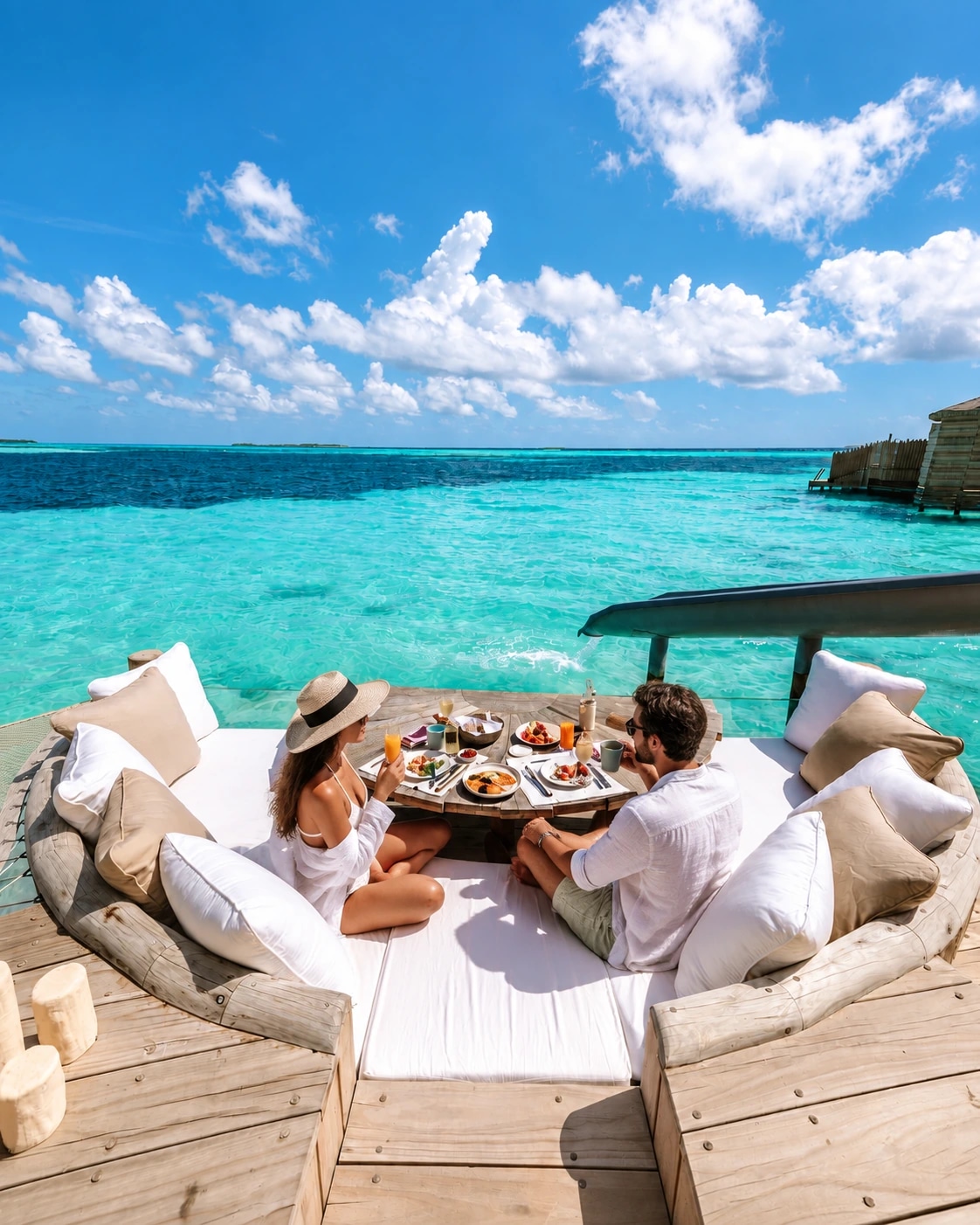 Repas à deux sur une terrasse face au lagon de Soneva Jani