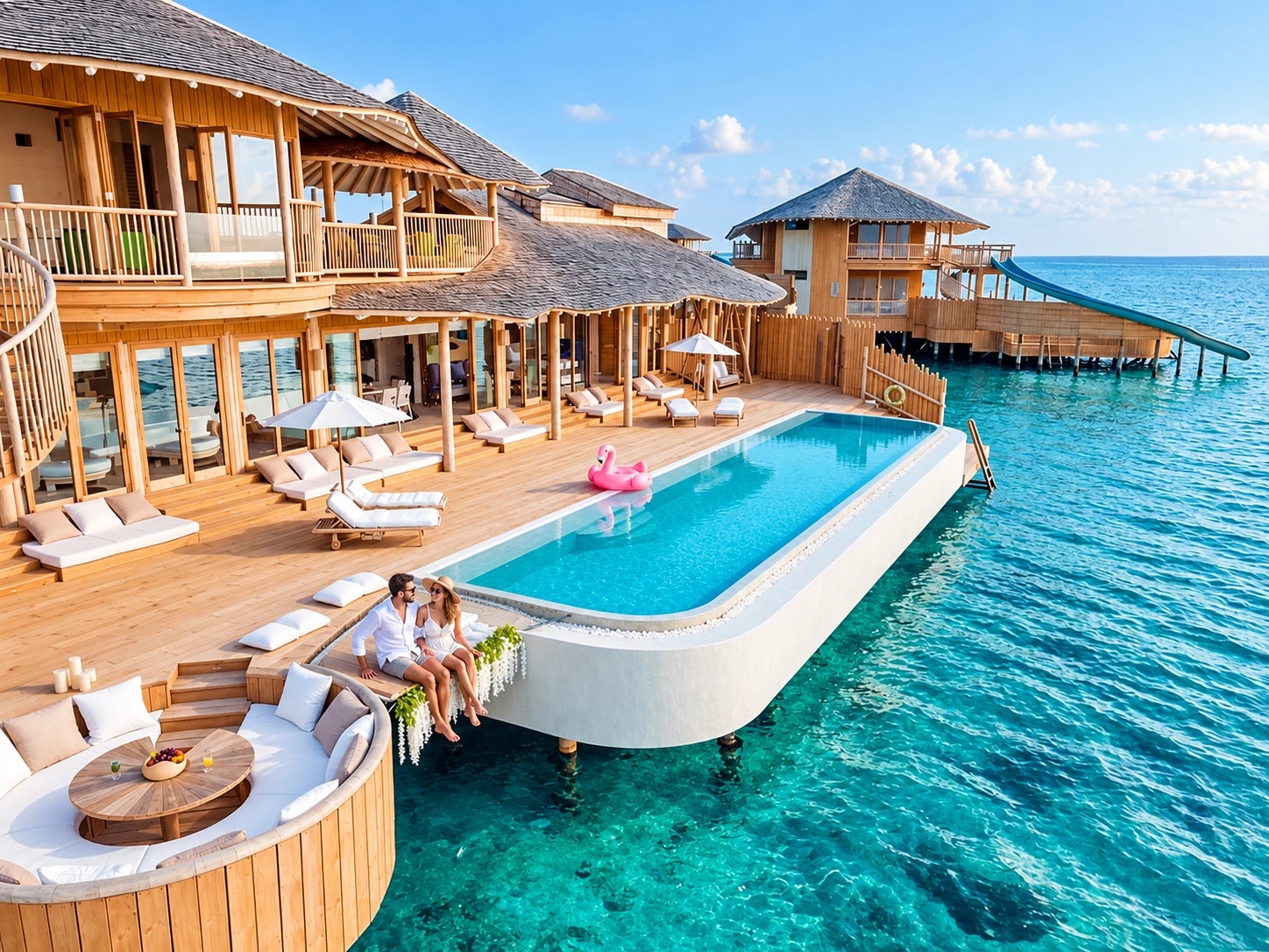 Terrasse et piscine d’une villa de Soneva Jani ouvertes sur le lagon