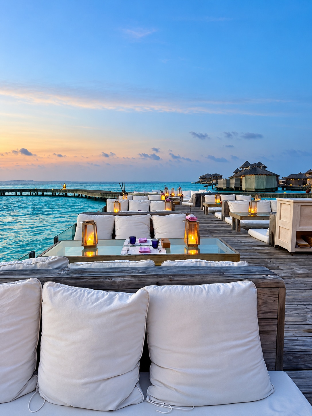 Salon et tables sur une terrasse au-dessus du lagon au coucher du soleil à Soneva Jani