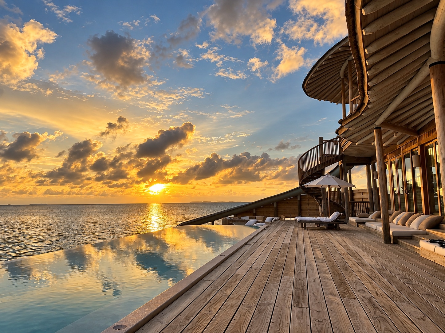Piscine et terrasse d’une villa sur pilotis au coucher du soleil à Soneva Jani